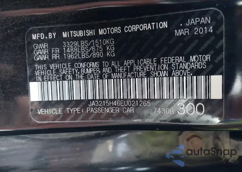 2014 Mitsubishi I-Miev Es z USA, uszkodzony, nr VIN JA3215H46EU021265